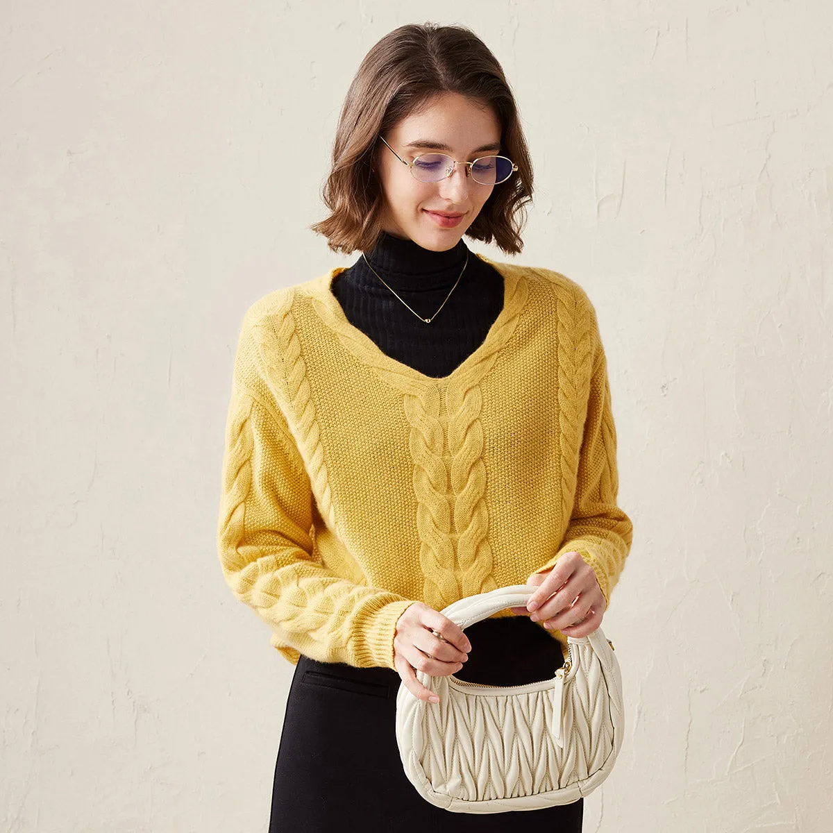 100% Cashmere Cable Knit V-Neck Sweater