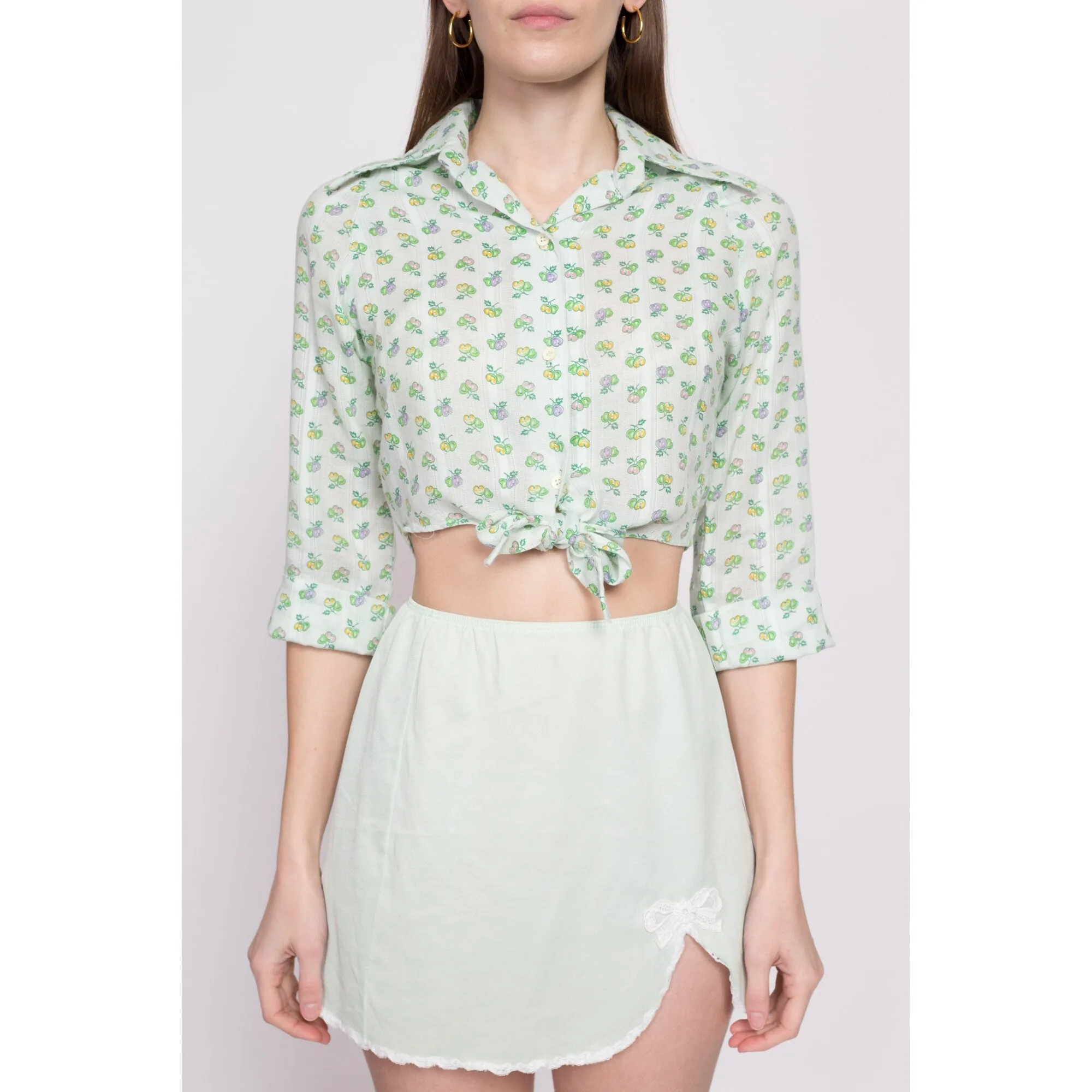 70s Cherry Print Mint Green Crop Top - Small