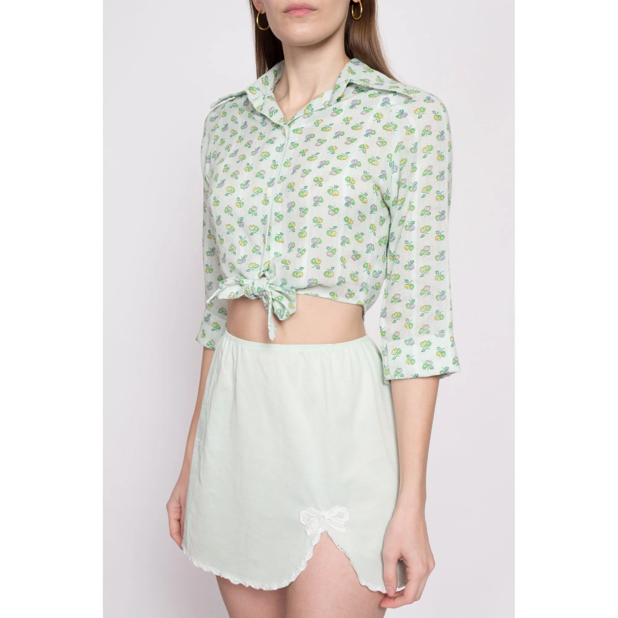 70s Cherry Print Mint Green Crop Top - Small