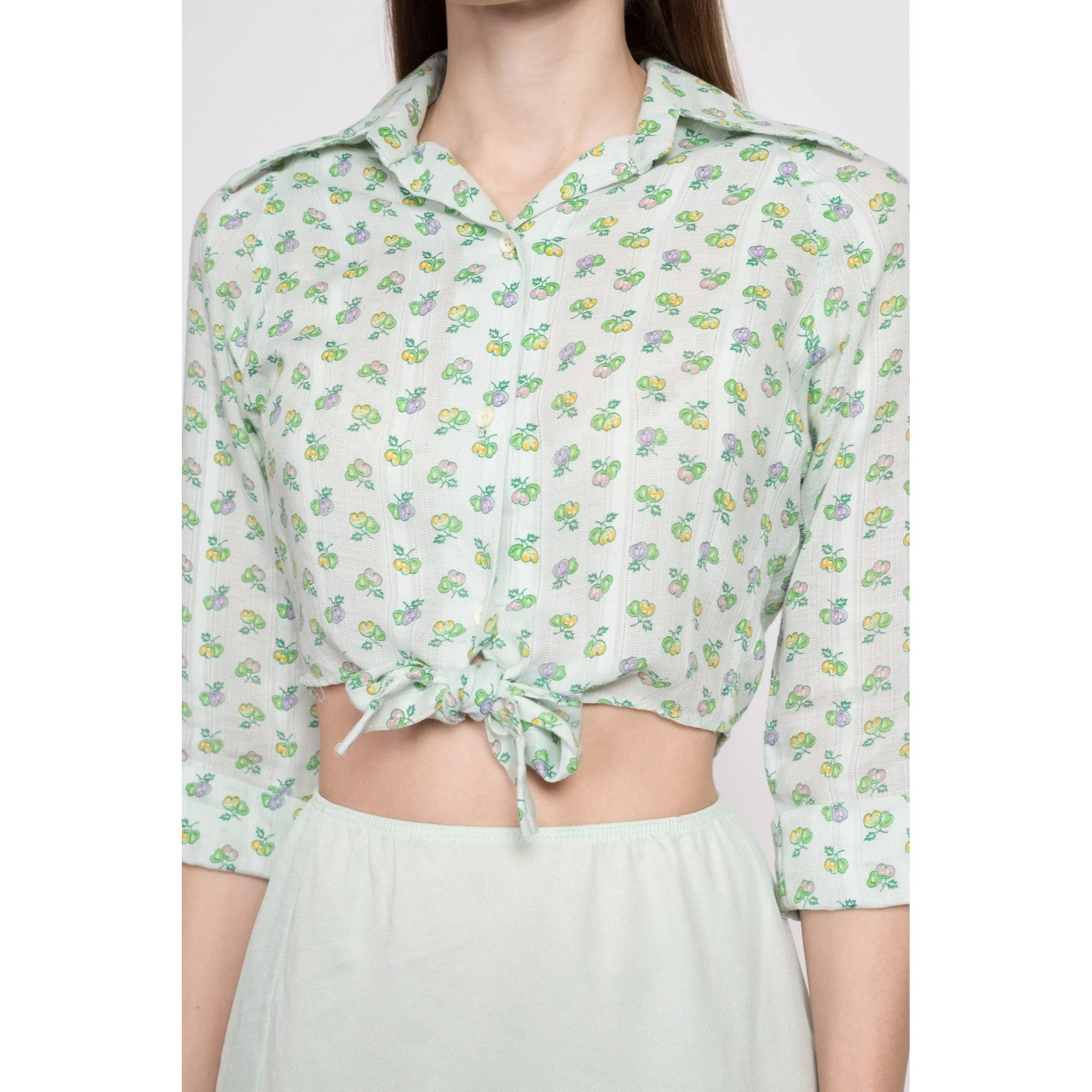 70s Cherry Print Mint Green Crop Top - Small