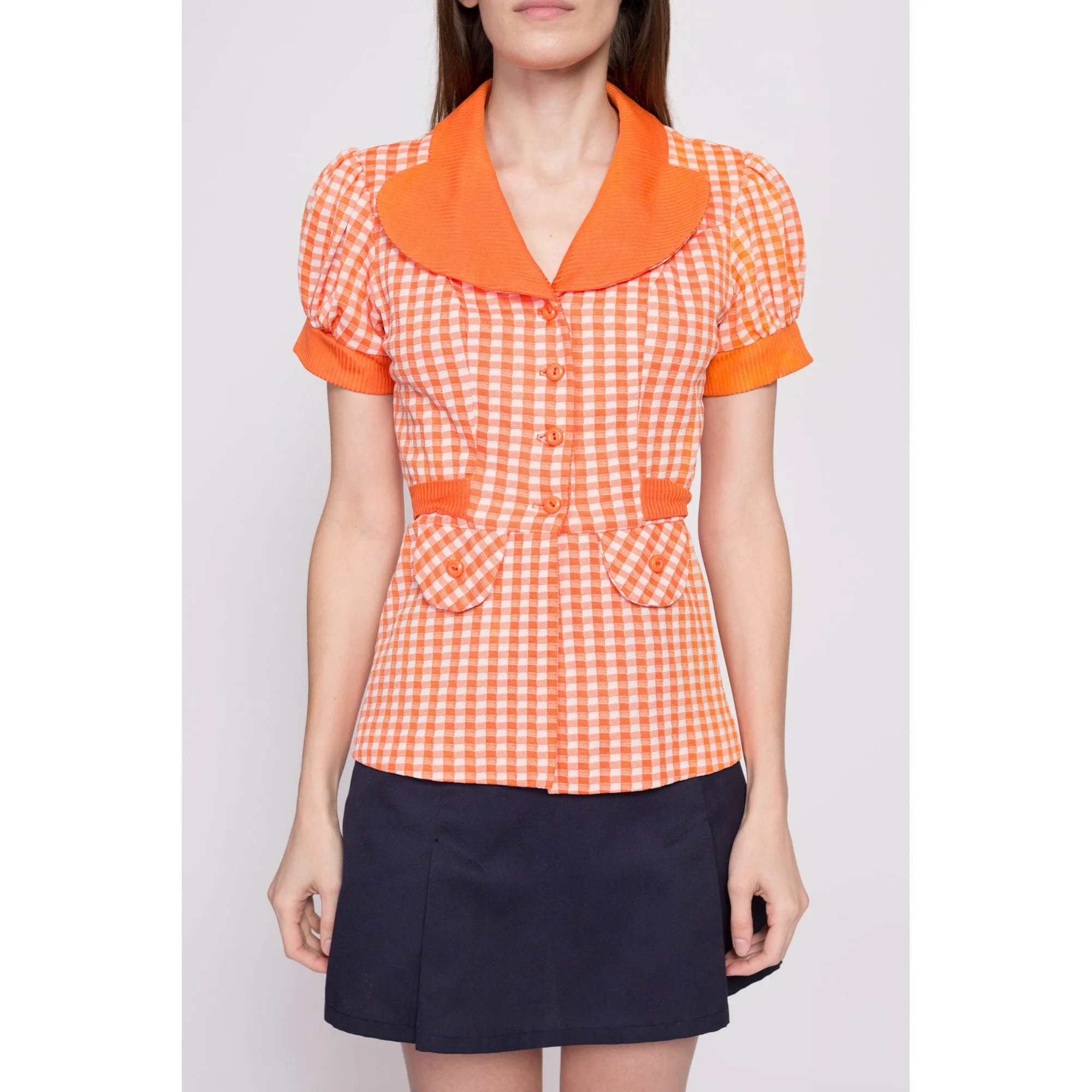 70s Orange Gingham Puff Sleeve Top - Small