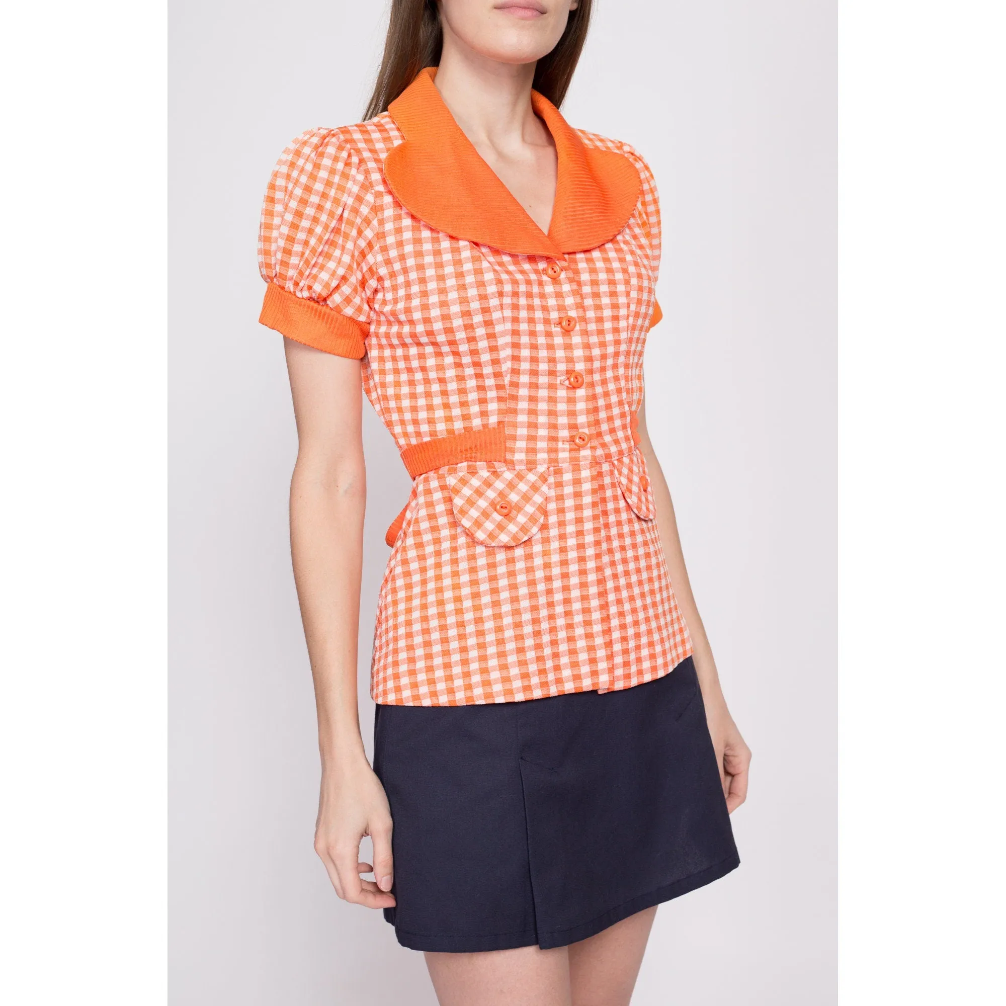 70s Orange Gingham Puff Sleeve Top - Small