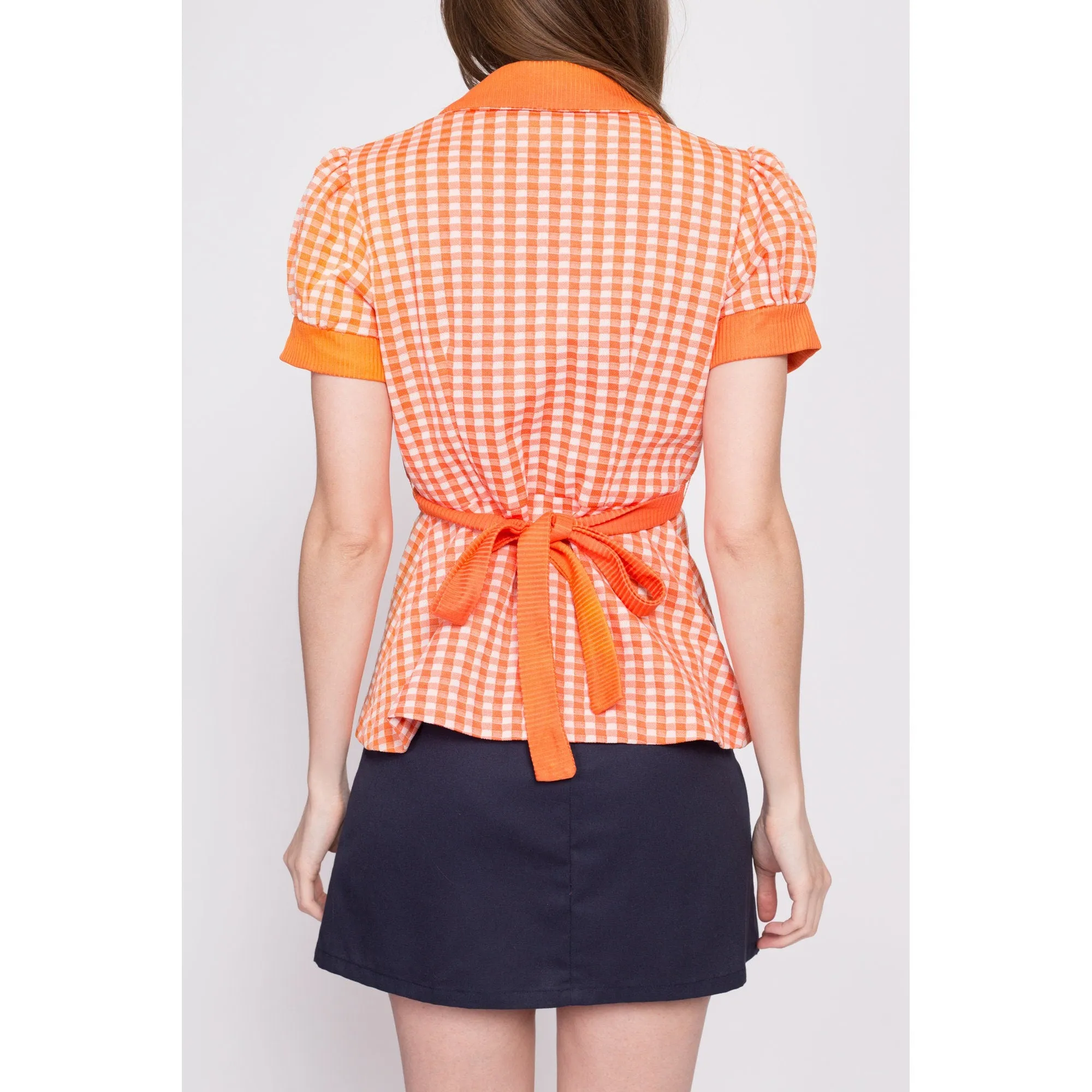 70s Orange Gingham Puff Sleeve Top - Small