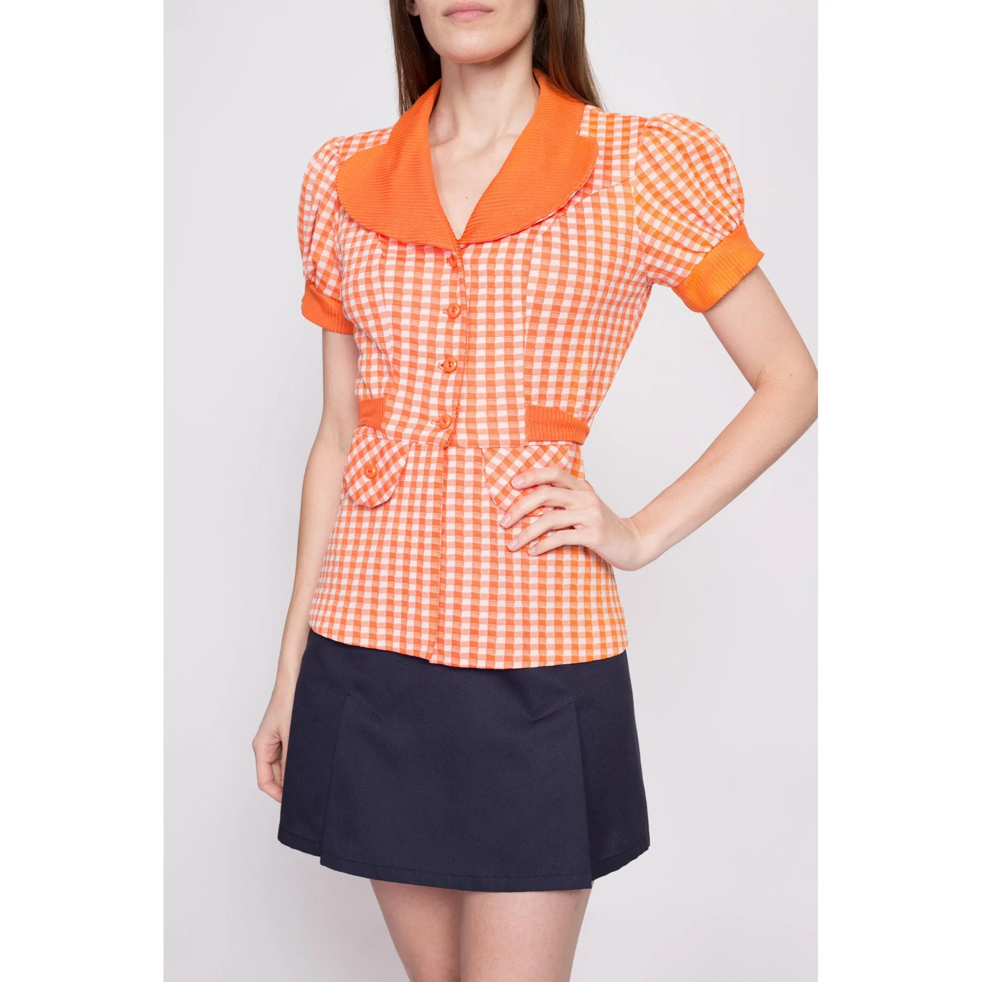 70s Orange Gingham Puff Sleeve Top - Small