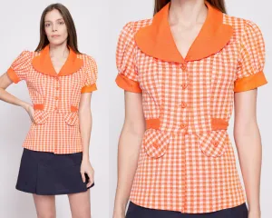 70s Orange Gingham Puff Sleeve Top - Small