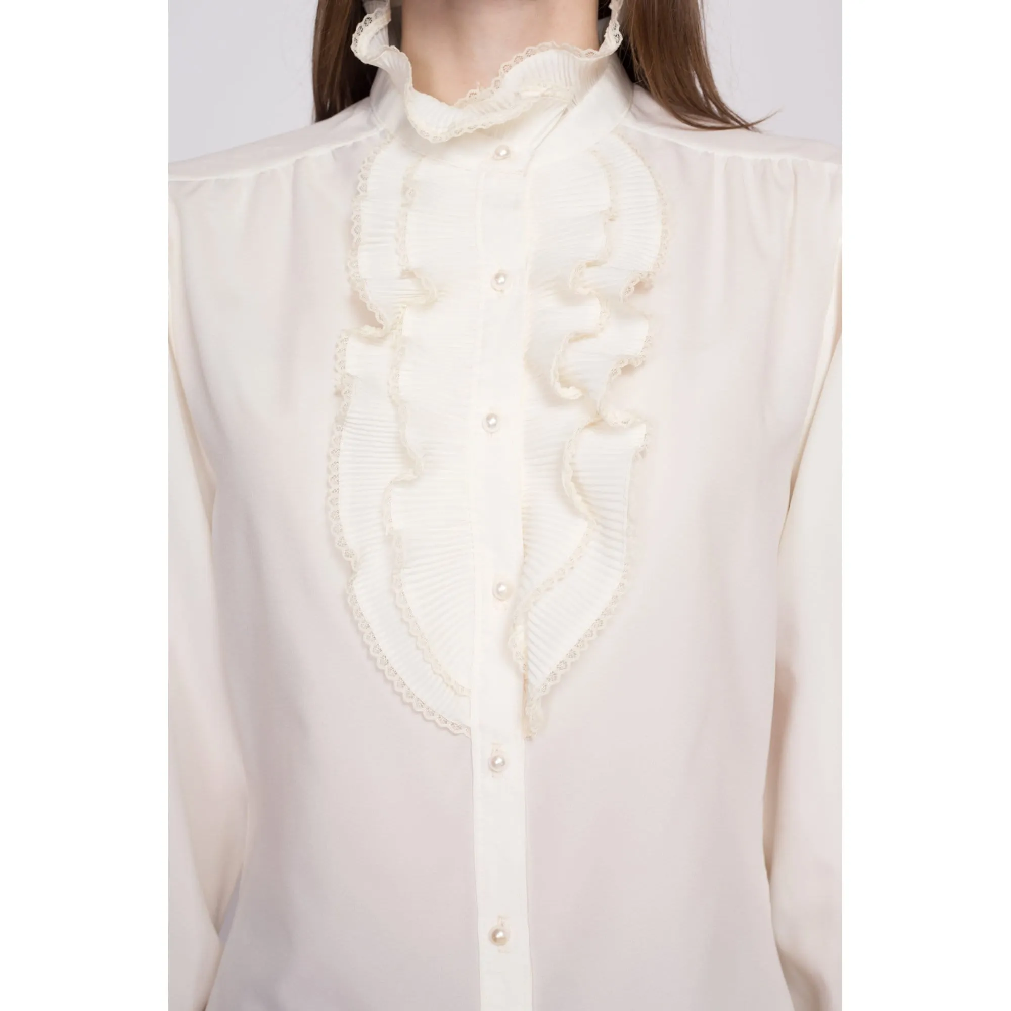 70s Sheer Tuxedo Ruffle Blouse - Large