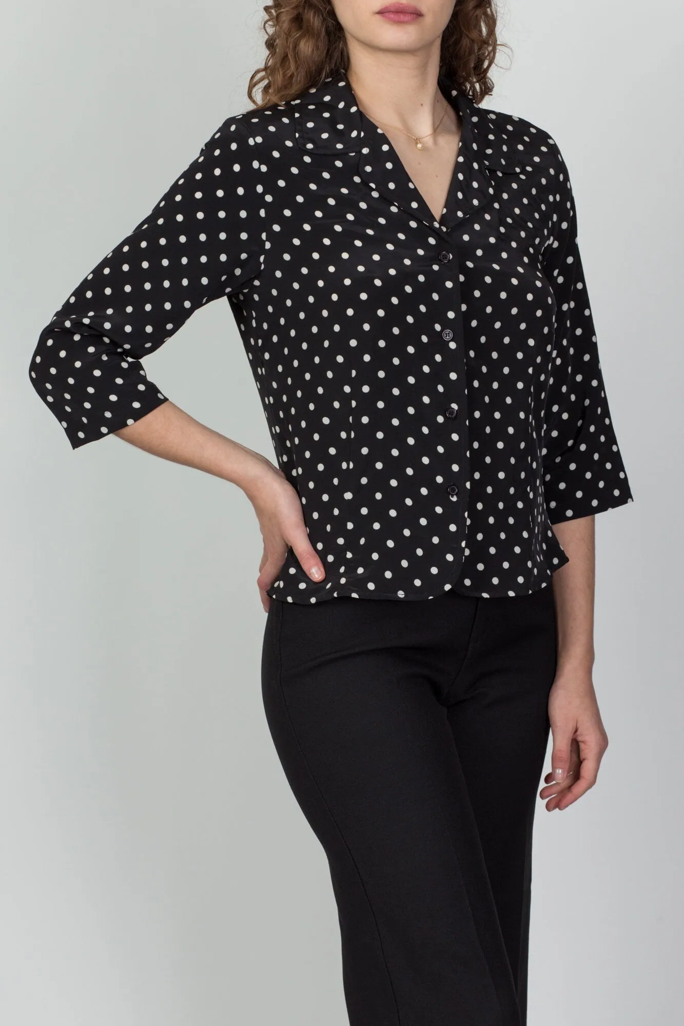 80s 90s Black & White Polka Dot Blouse - Petite Medium