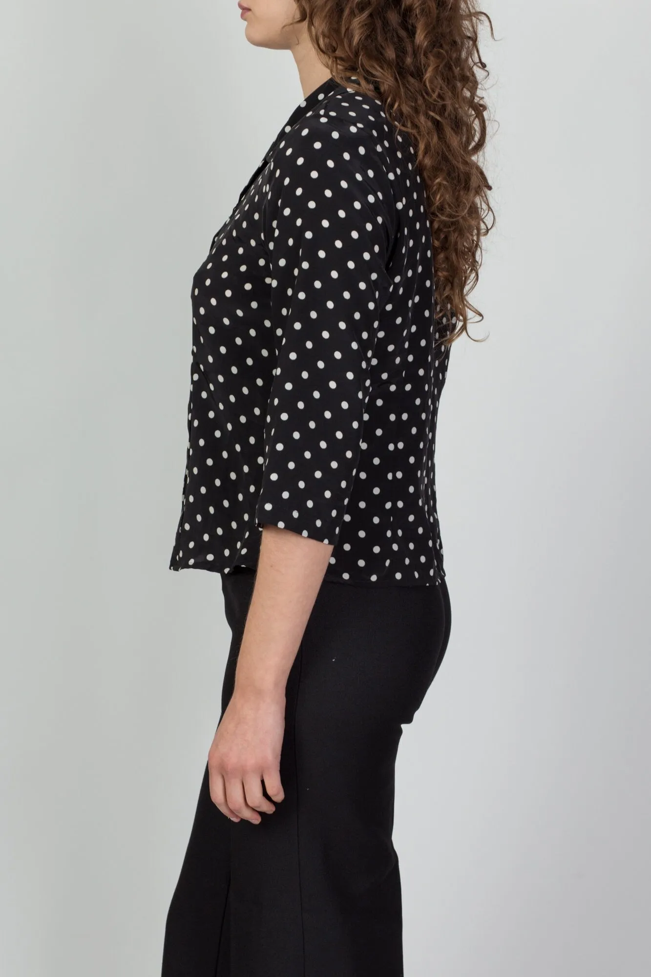 80s 90s Black & White Polka Dot Blouse - Petite Medium