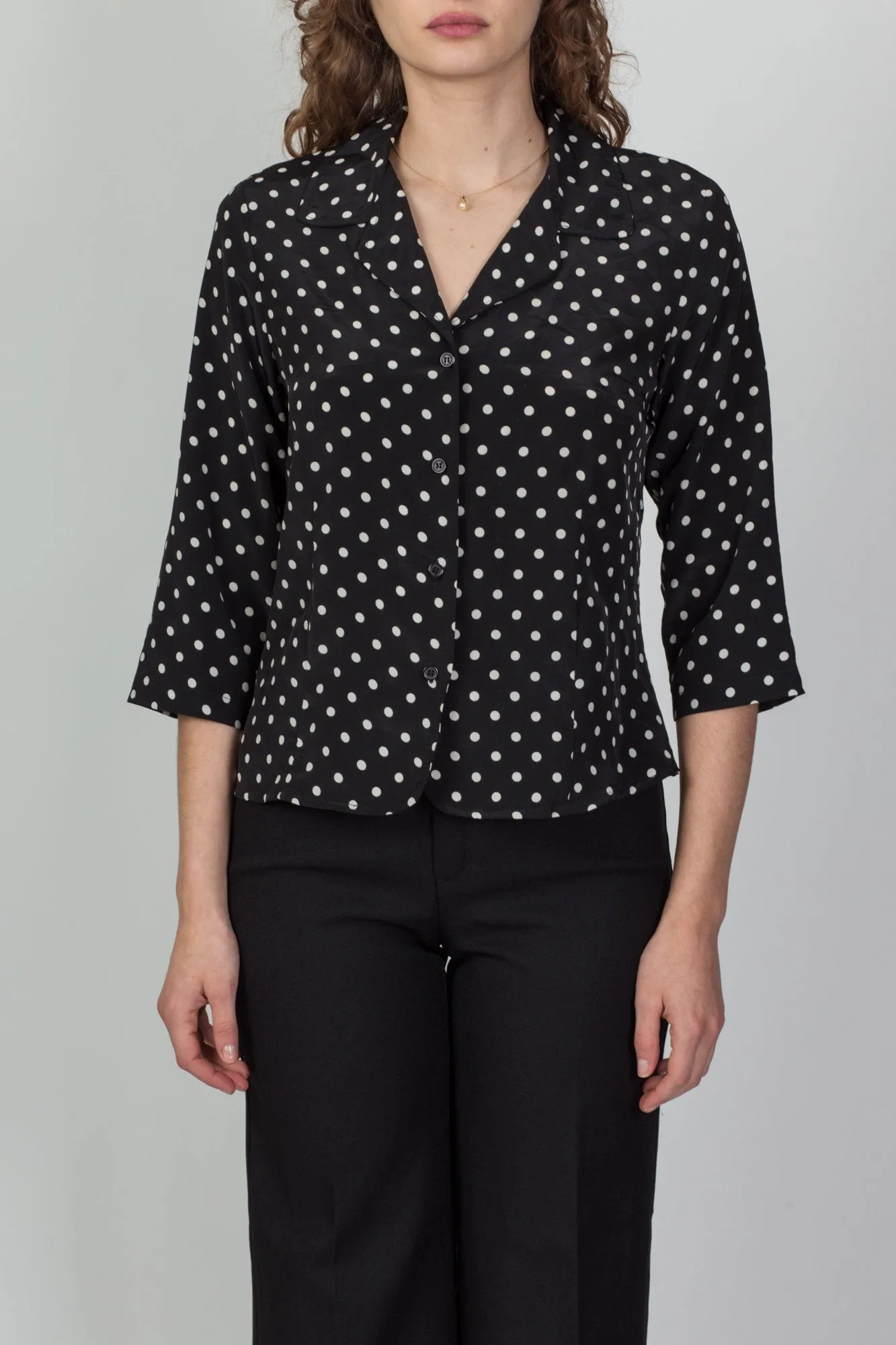 80s 90s Black & White Polka Dot Blouse - Petite Medium