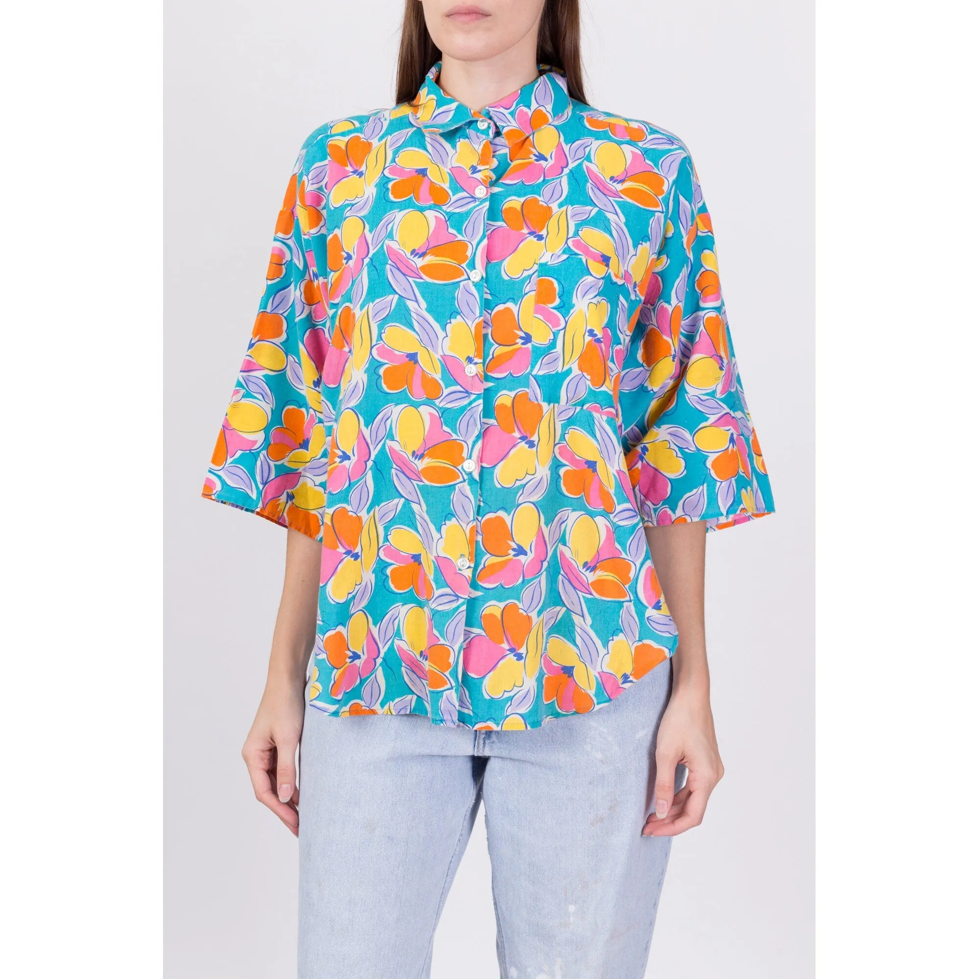 80s Oversize Floral Button Up Shirt - Large