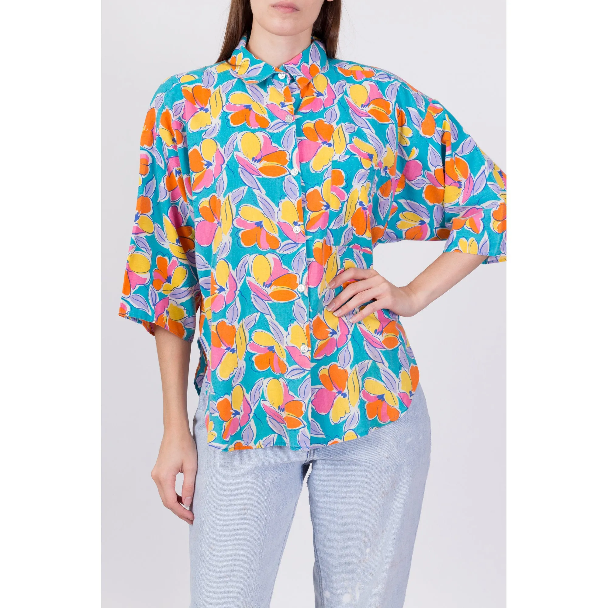 80s Oversize Floral Button Up Shirt - Large