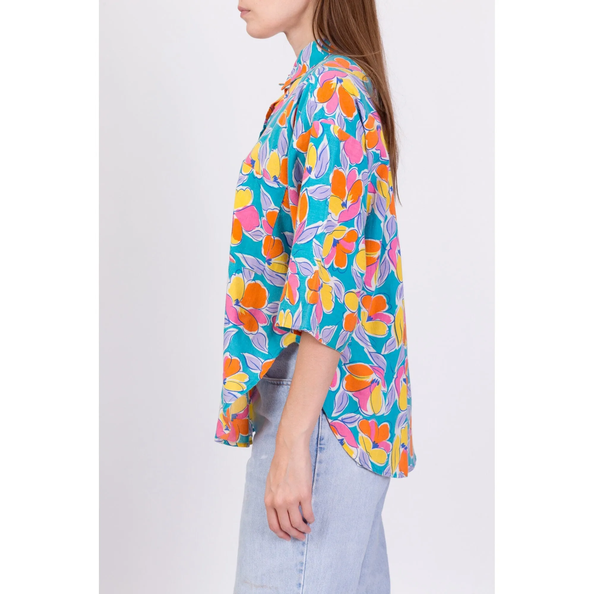 80s Oversize Floral Button Up Shirt - Large