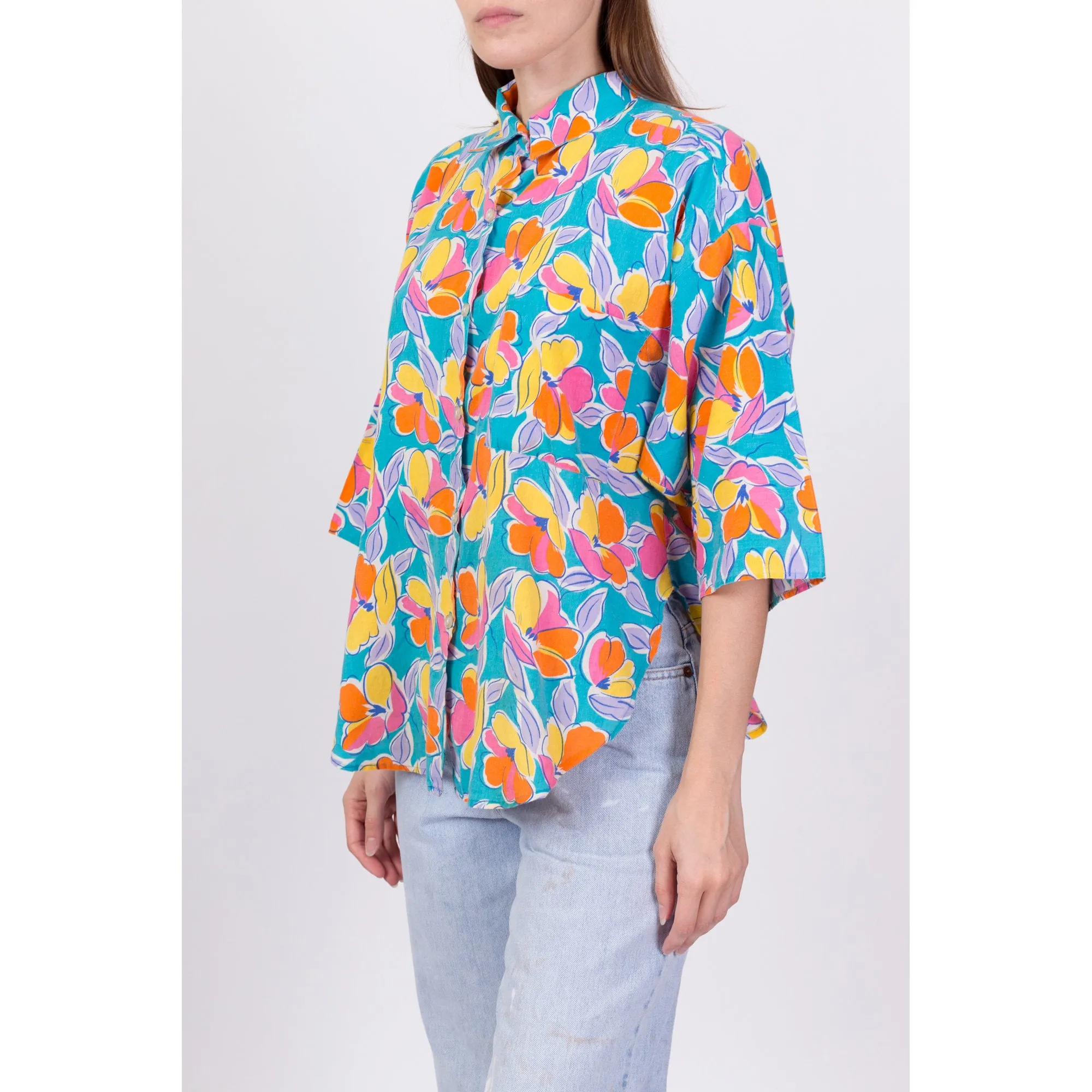 80s Oversize Floral Button Up Shirt - Large