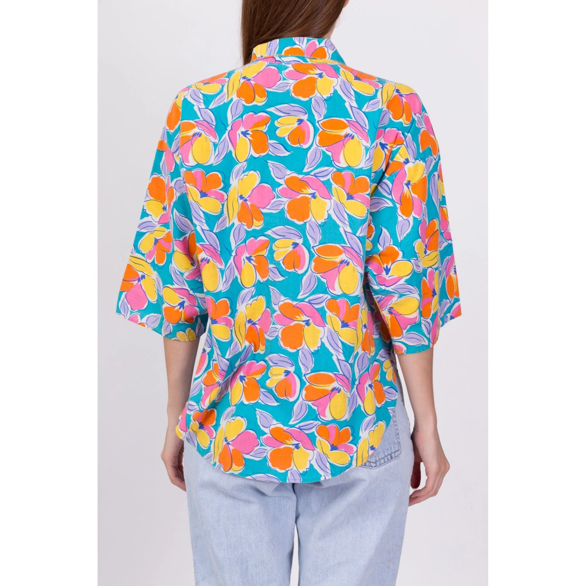 80s Oversize Floral Button Up Shirt - Large