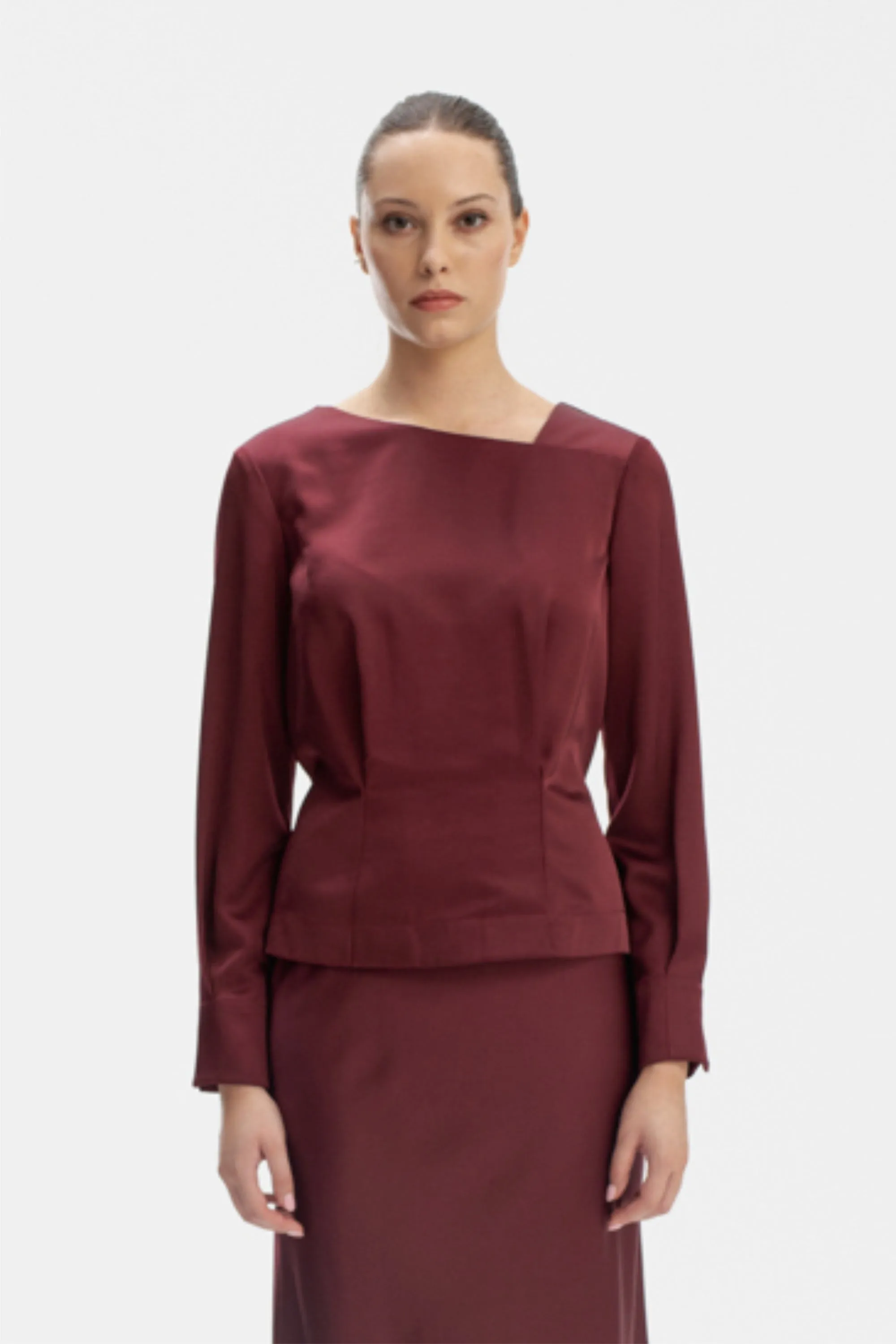 ASYMMETRIC NECK LONG SLEEVE BLOUSE IN BURGUNDY