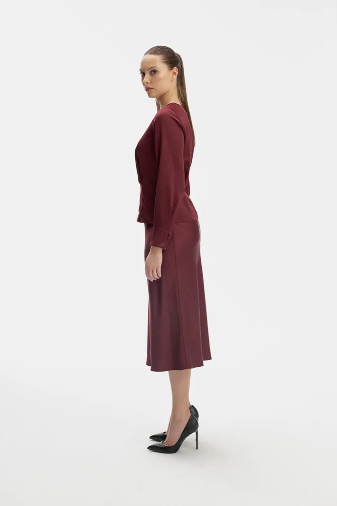 ASYMMETRIC NECK LONG SLEEVE BLOUSE IN BURGUNDY