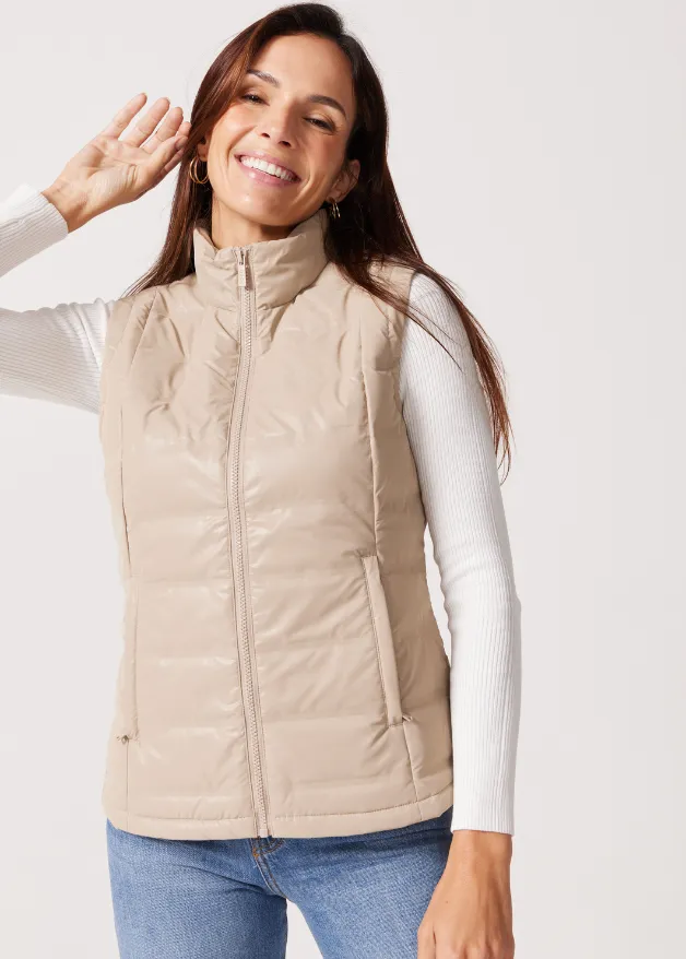 Beige Leather Look Duck Down Puffer Vest