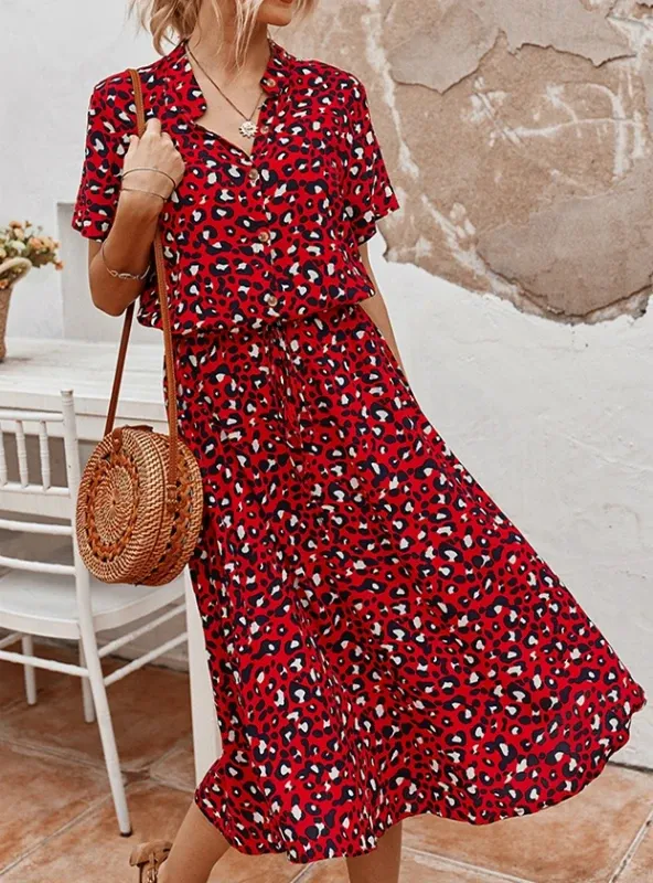 BerryBetty - A-Line Loose Bohemian Leopard Print Shirt Dress