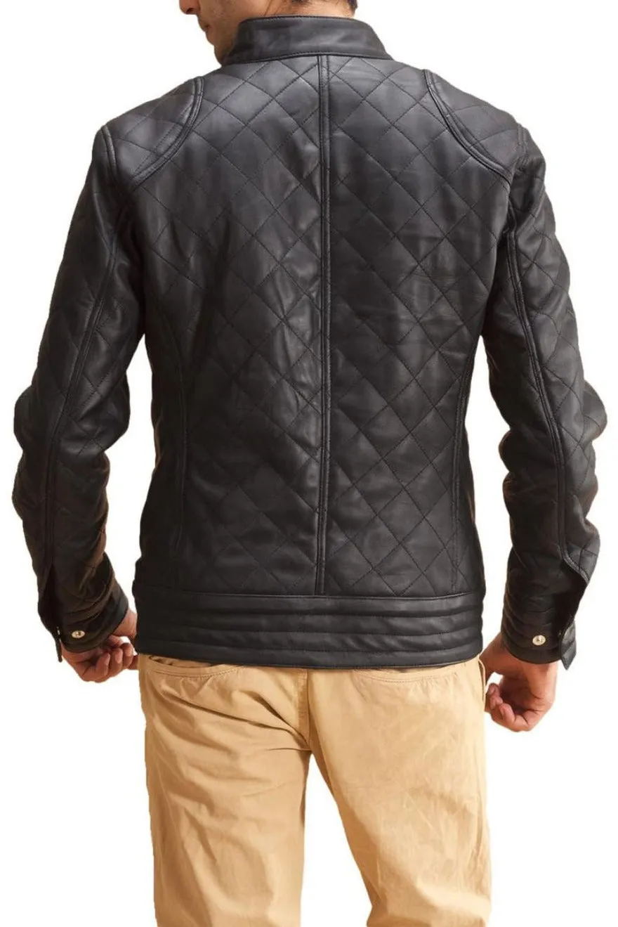 Black Leather Jacket Quilted | Narrow Diamond Pattern