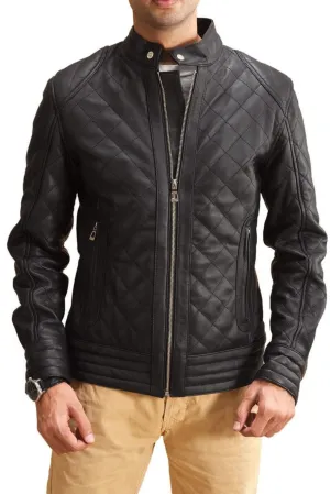 Black Leather Jacket Quilted | Narrow Diamond Pattern