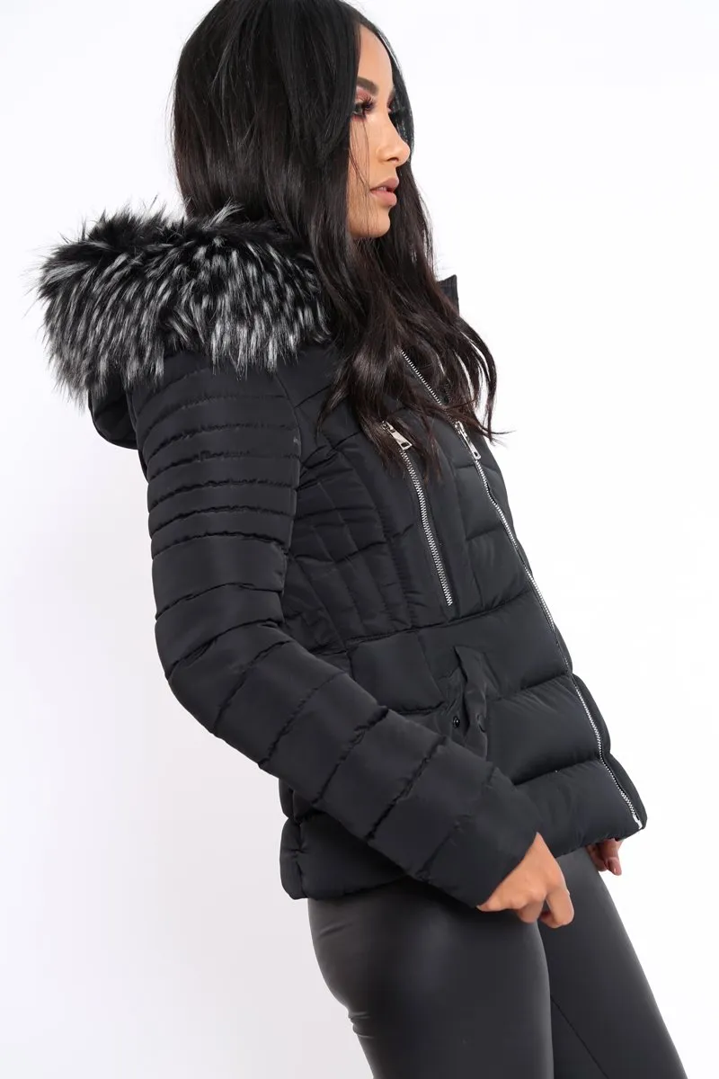 Black Quilted Coat with Fur Hood - Indee