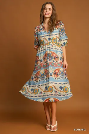 Blue, Cream & Rust Border Print Dress