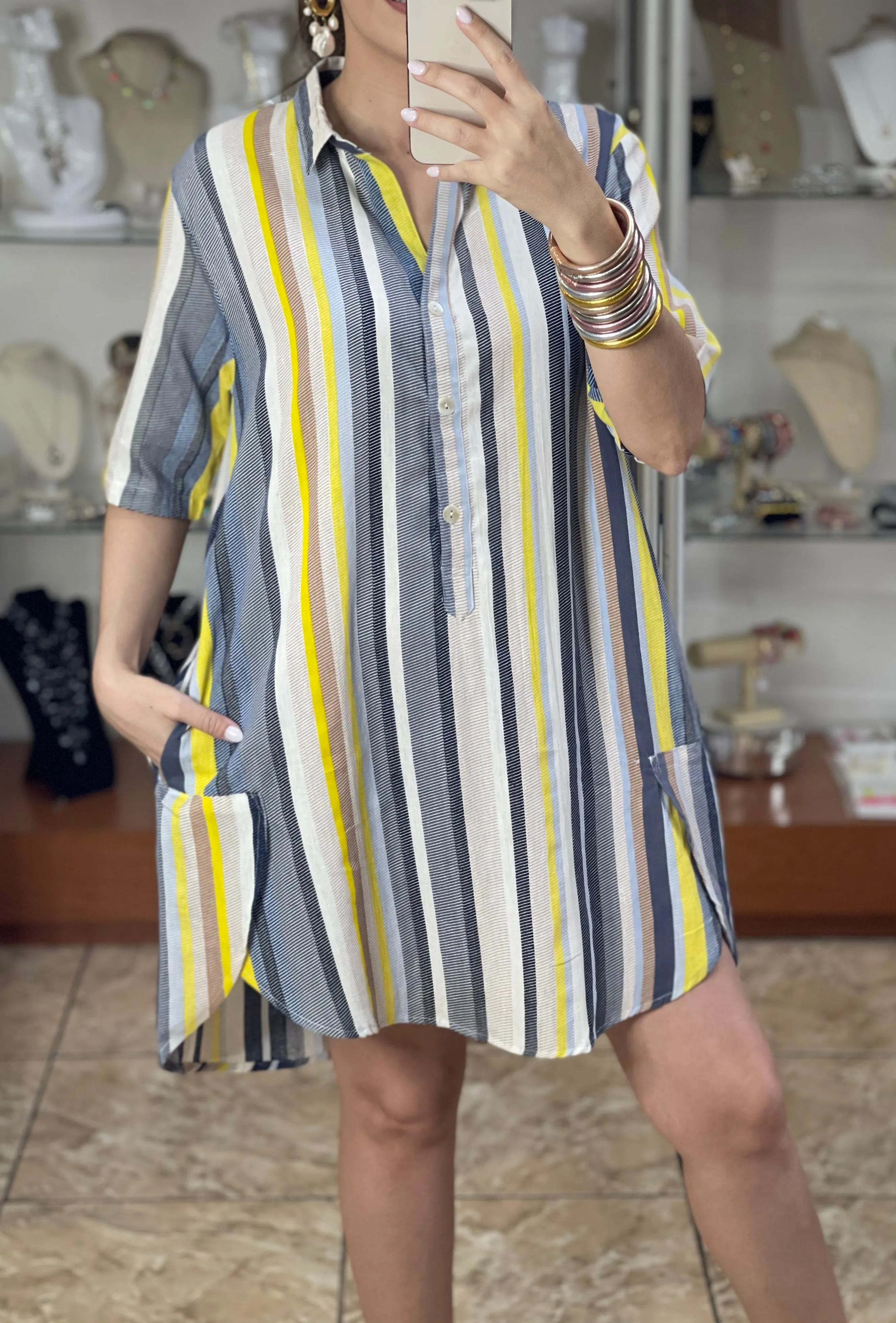 Blue/Yellow Stripes Shirt Dress