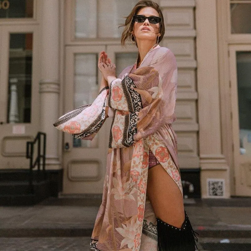 Bohemian Kimono, Pink Crane  Floral Print Sashes Women Bohemian V Neck Batwing Sleeves Blouses Robe Kimono Cover-up