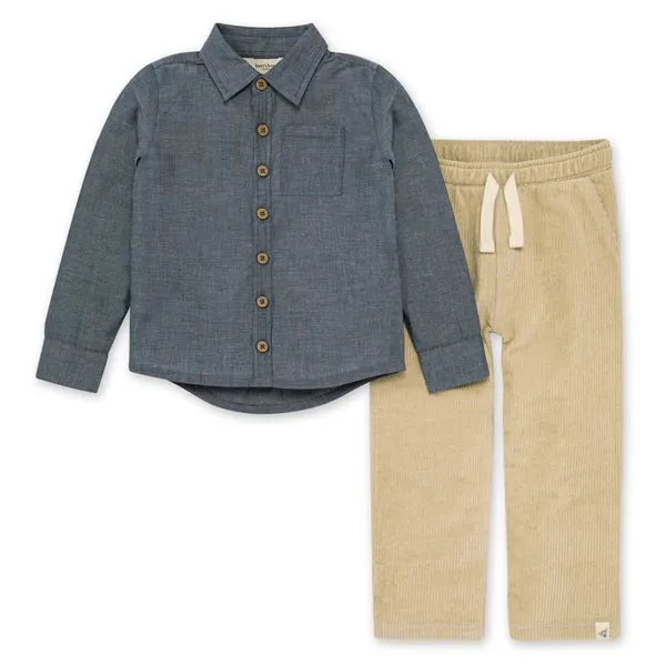 Burt's Bees Organic Baby Chambray Button Down Shirt & Raised Rib Pant Set