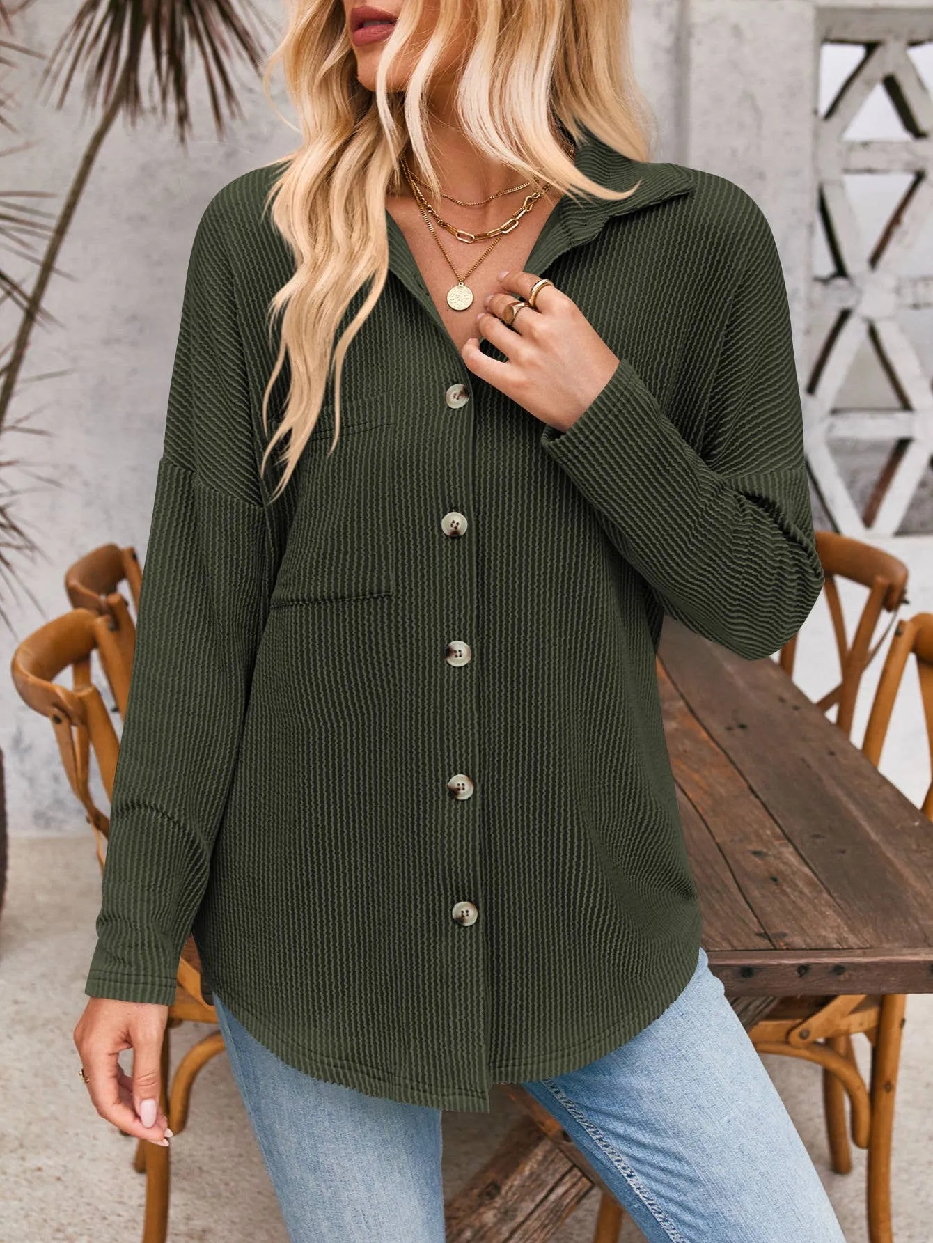 Casual Textured Button-Pocket Long-Sleeved Shirt