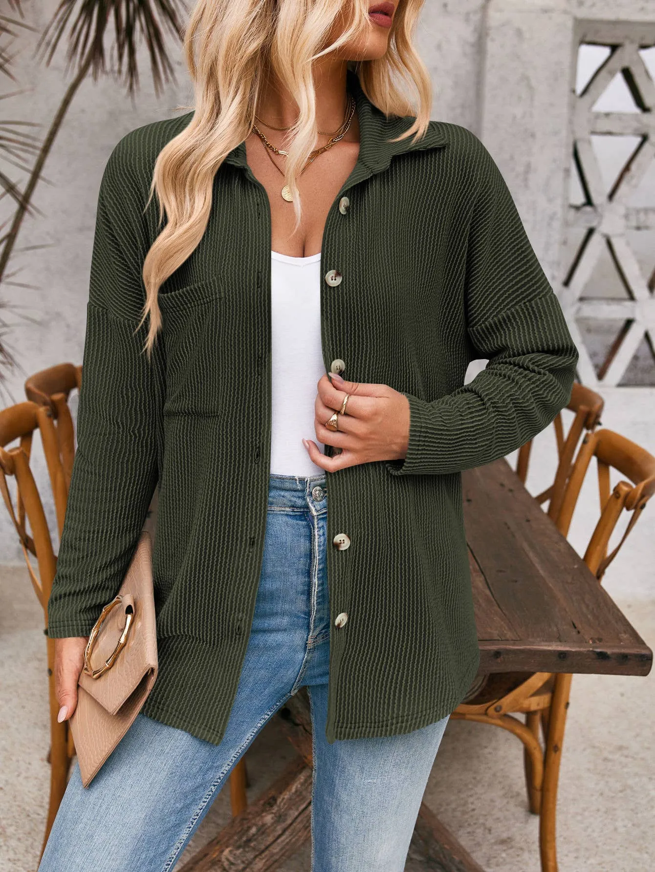 Casual Textured Button-Pocket Long-Sleeved Shirt