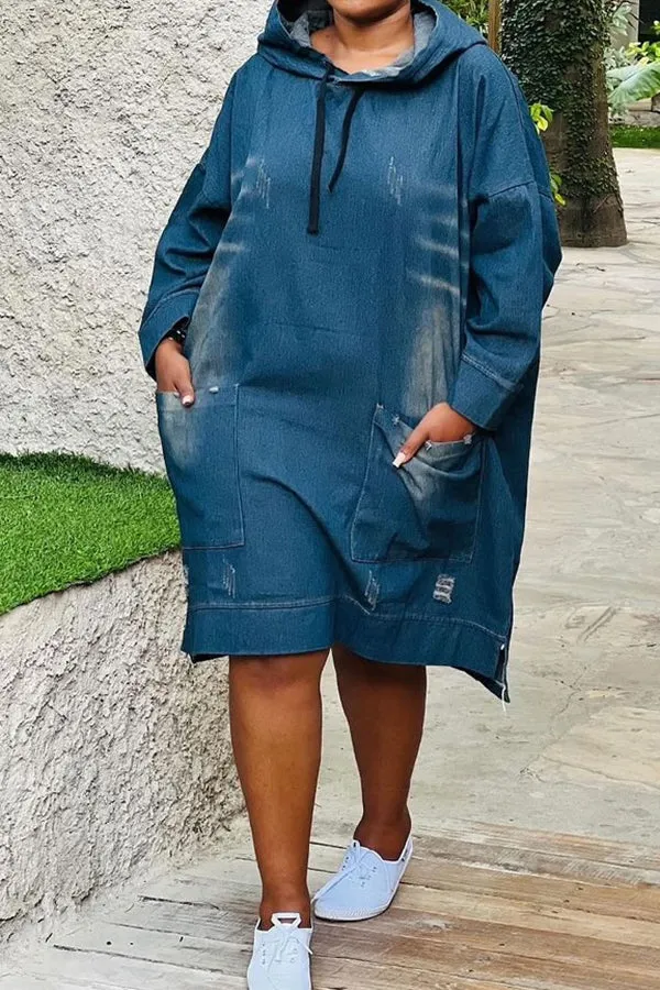 Comfortable Patched Pocket Hooded Denim Dress