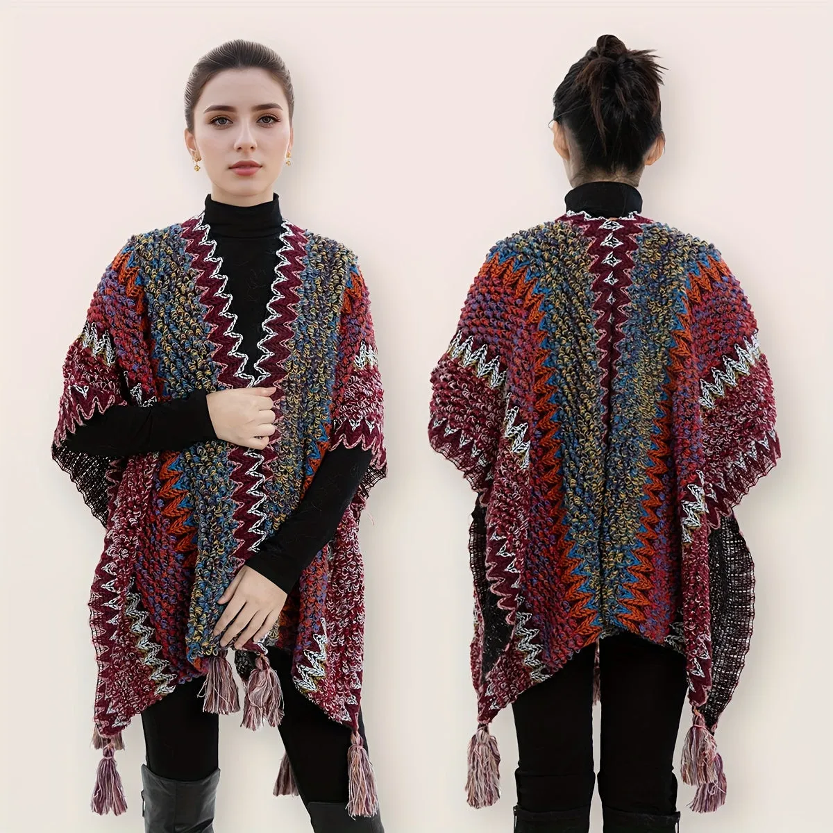 Cozy Boho Chic Shawl Cardigan - Women's Accessories - Soft Mixed Color Knitted Wavy Striped Poncho with Tassel, Windproof, and Warm for Winter Outdoor Activities