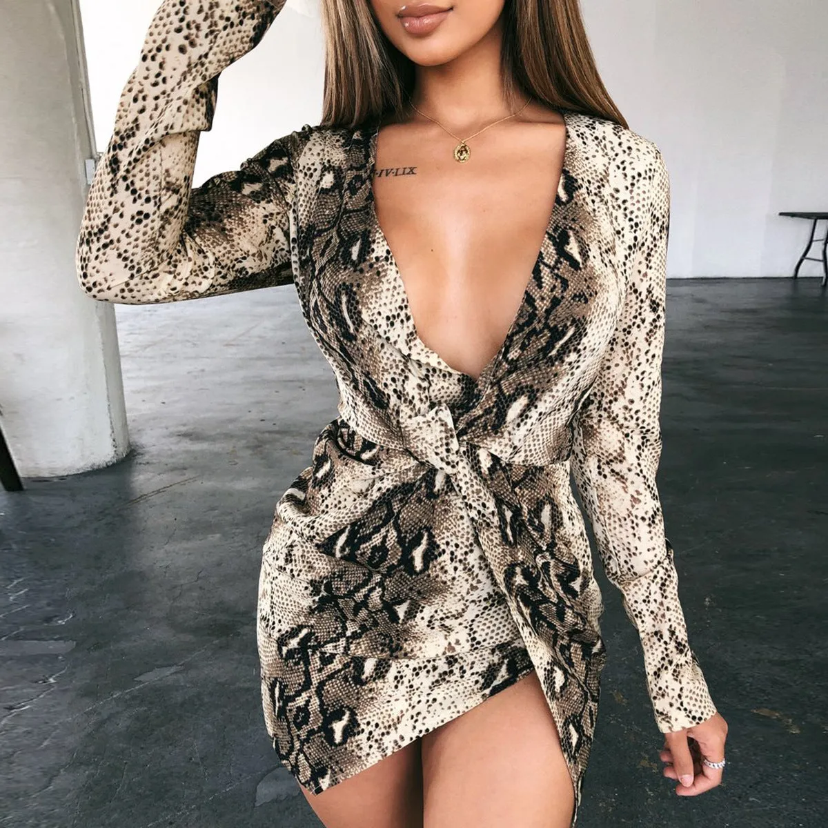 Deep V-Neck Cross Asymmetrical Leopard  Short Dress