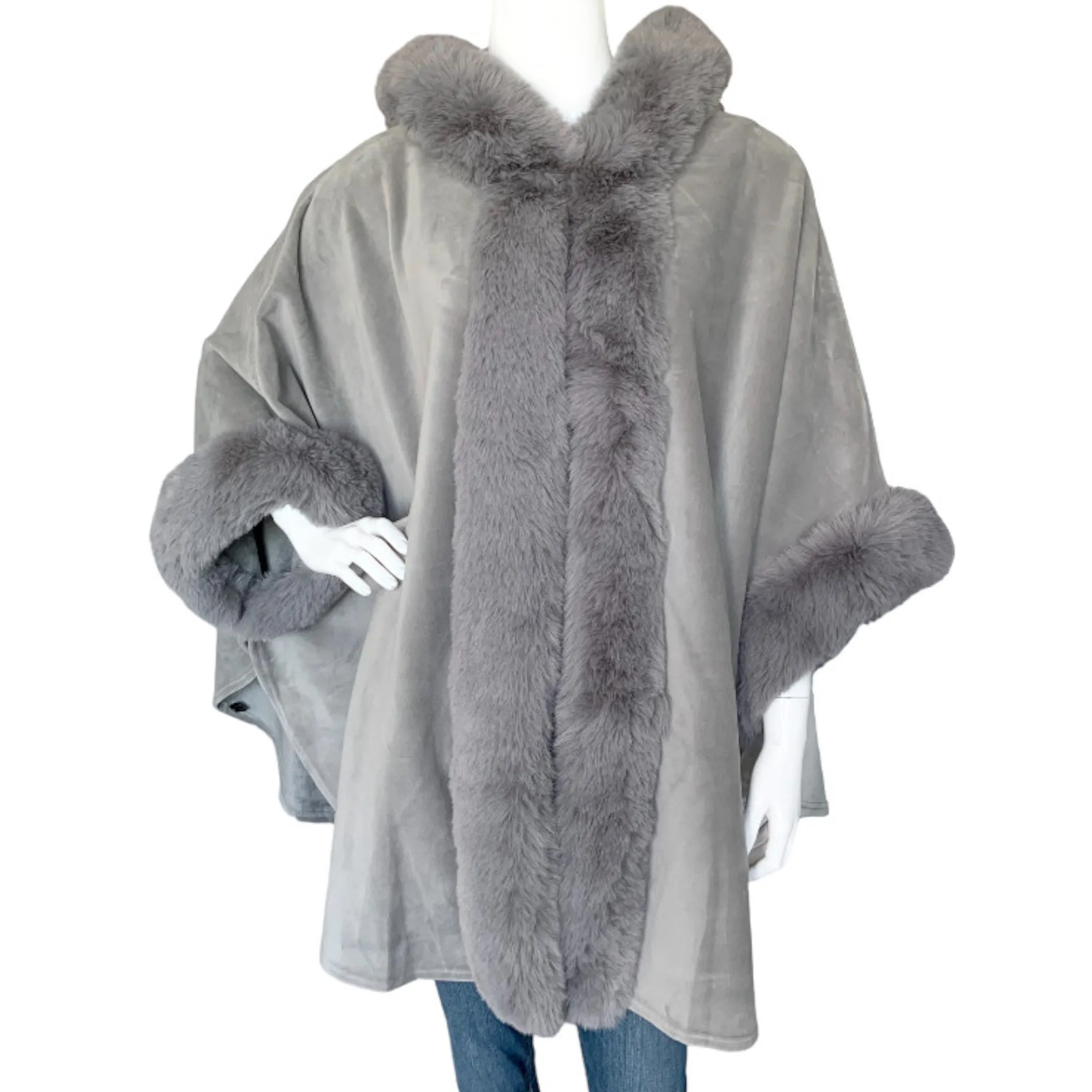 DEIA Stylish Cape with Faux Fur Trim Hood and Cuff