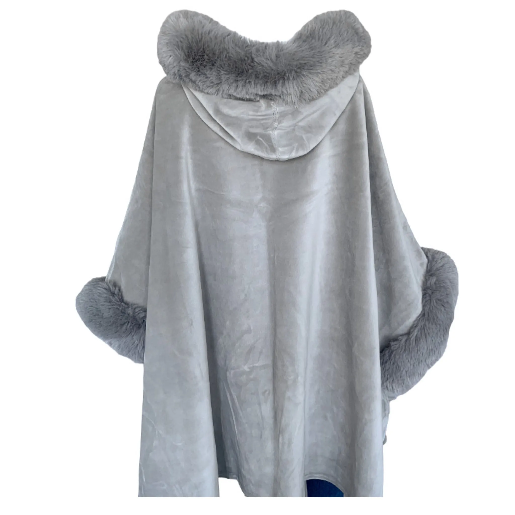 DEIA Stylish Cape with Faux Fur Trim Hood and Cuff