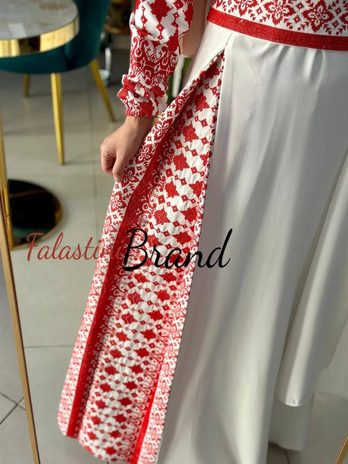 Elegant White and Red Shoulder Details Embroidered Dress