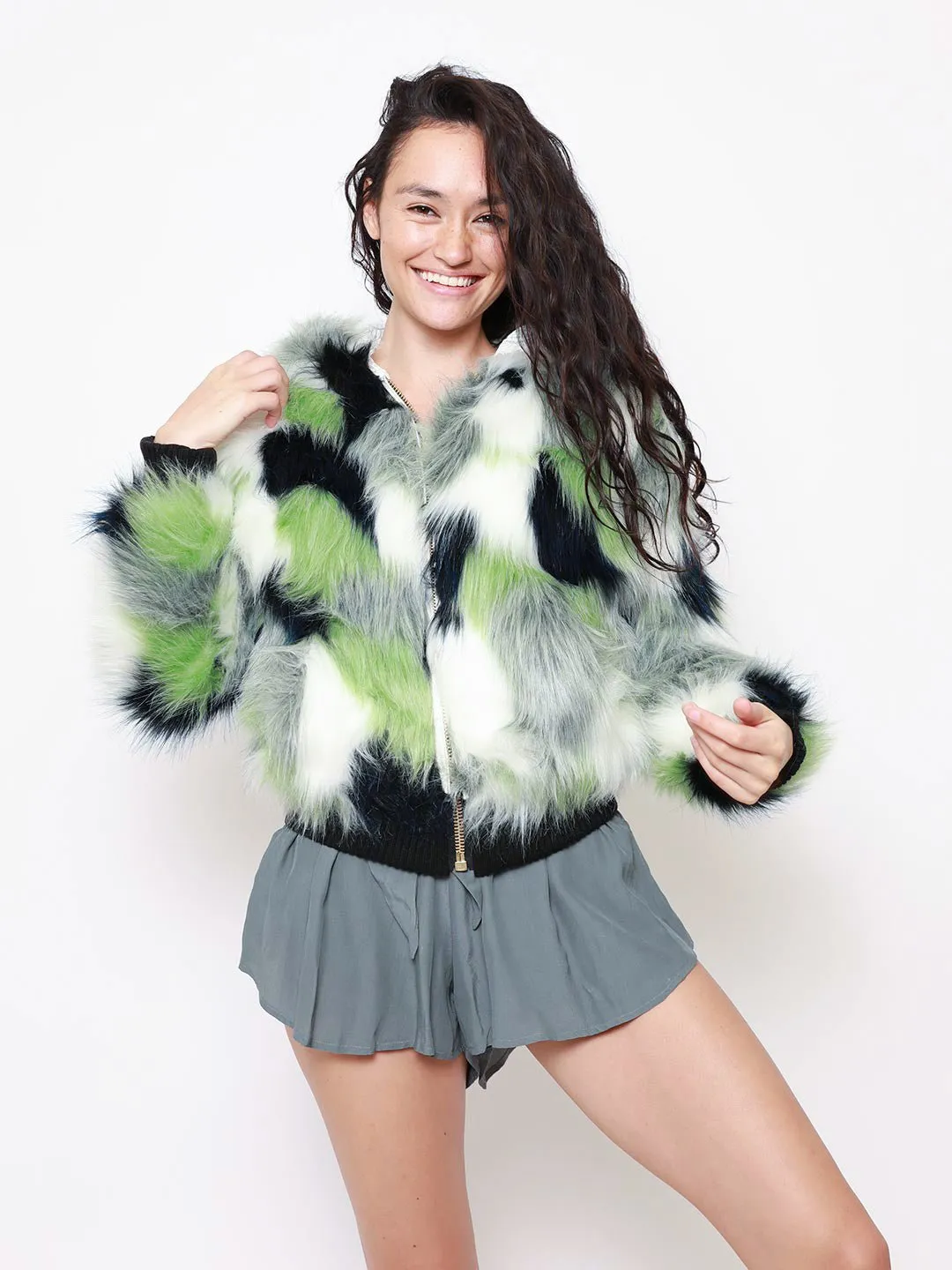 Emerald Hummingbird Hooded Faux Fur Bomber Jacket | Women's