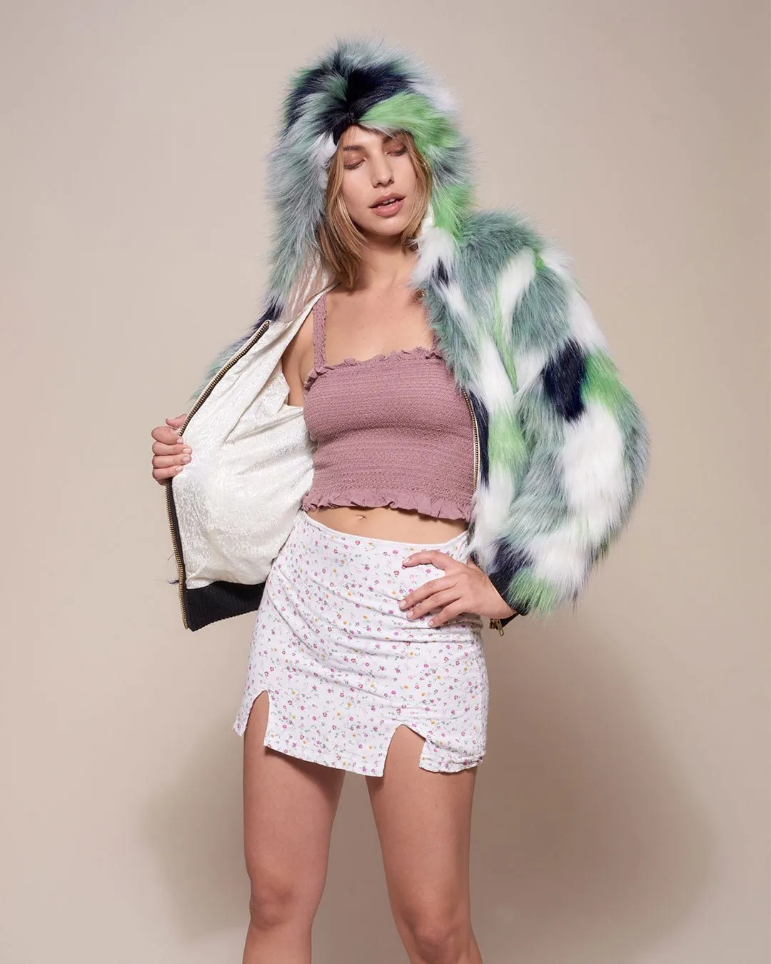 Emerald Hummingbird Hooded Faux Fur Bomber Jacket | Women's