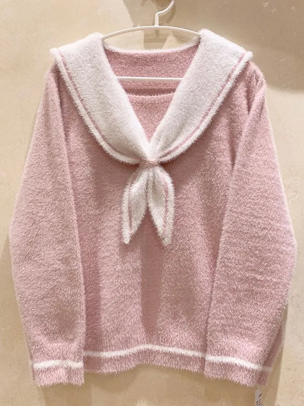 [Faux Fur] Pink Sailor School Girls Warm Sweater