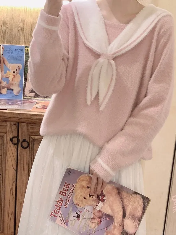 [Faux Fur] Pink Sailor School Girls Warm Sweater