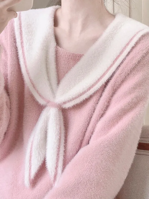 [Faux Fur] Pink Sailor School Girls Warm Sweater