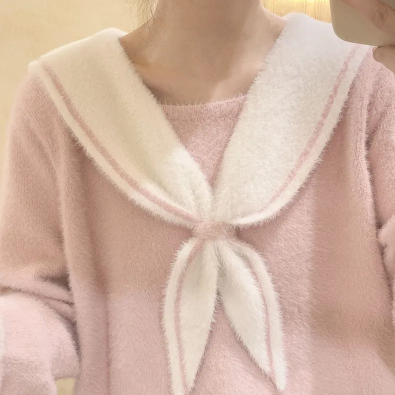 [Faux Fur] Pink Sailor School Girls Warm Sweater