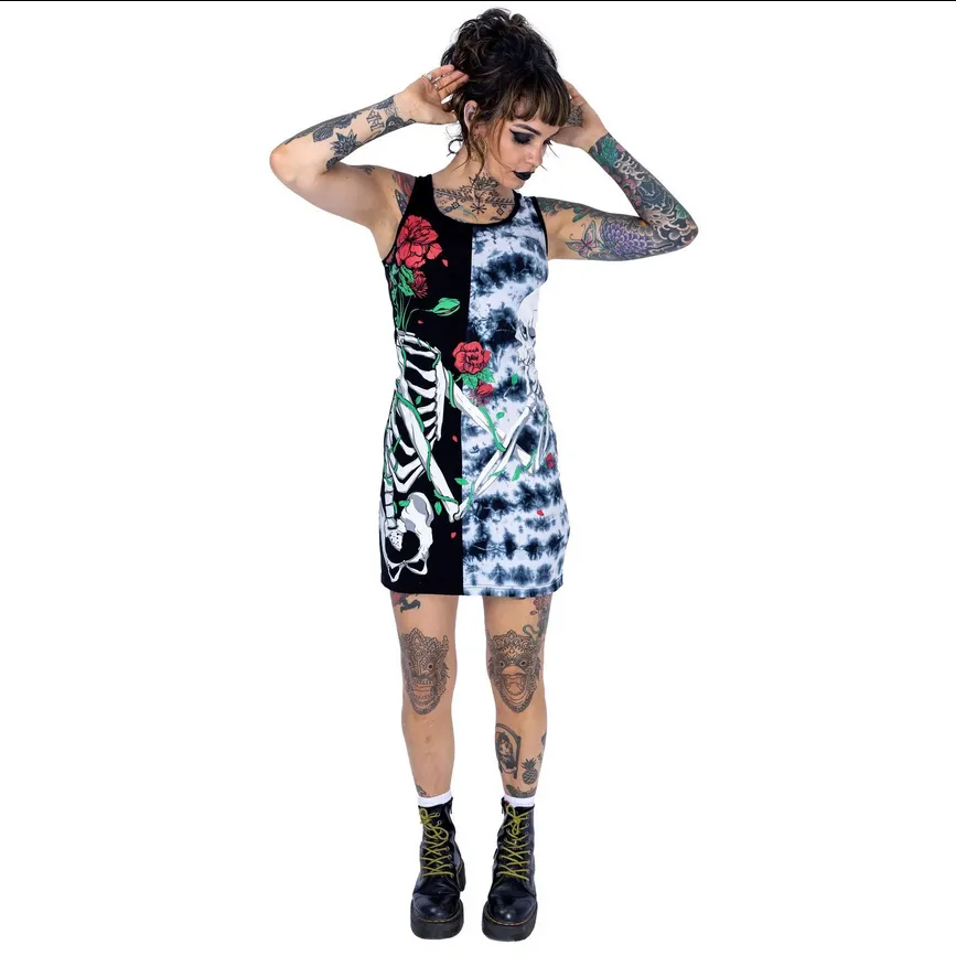 GARDEN SKULL DRESS - BLACK/GREY TIE DYE