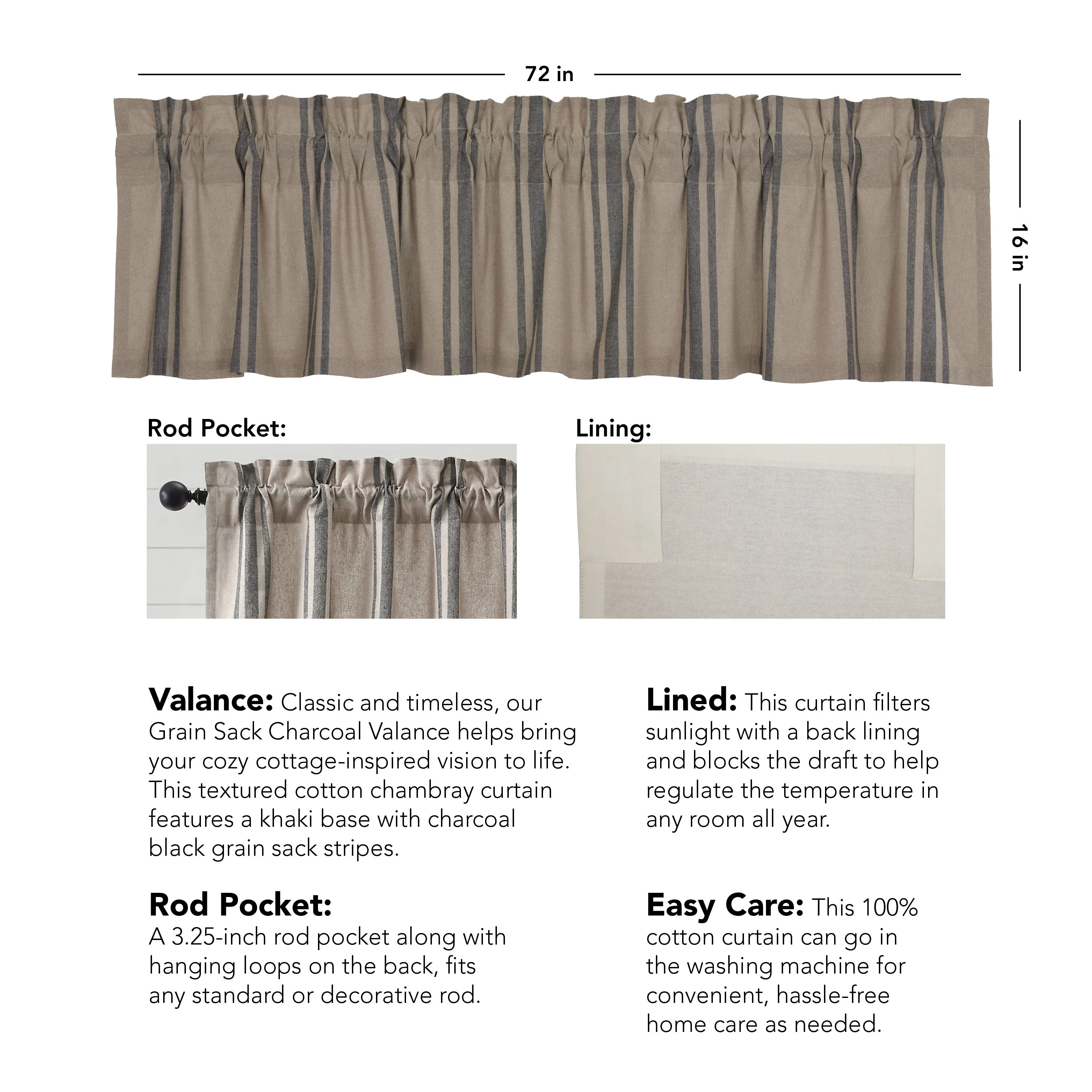 Grain Sack Charcoal Valance 16x72