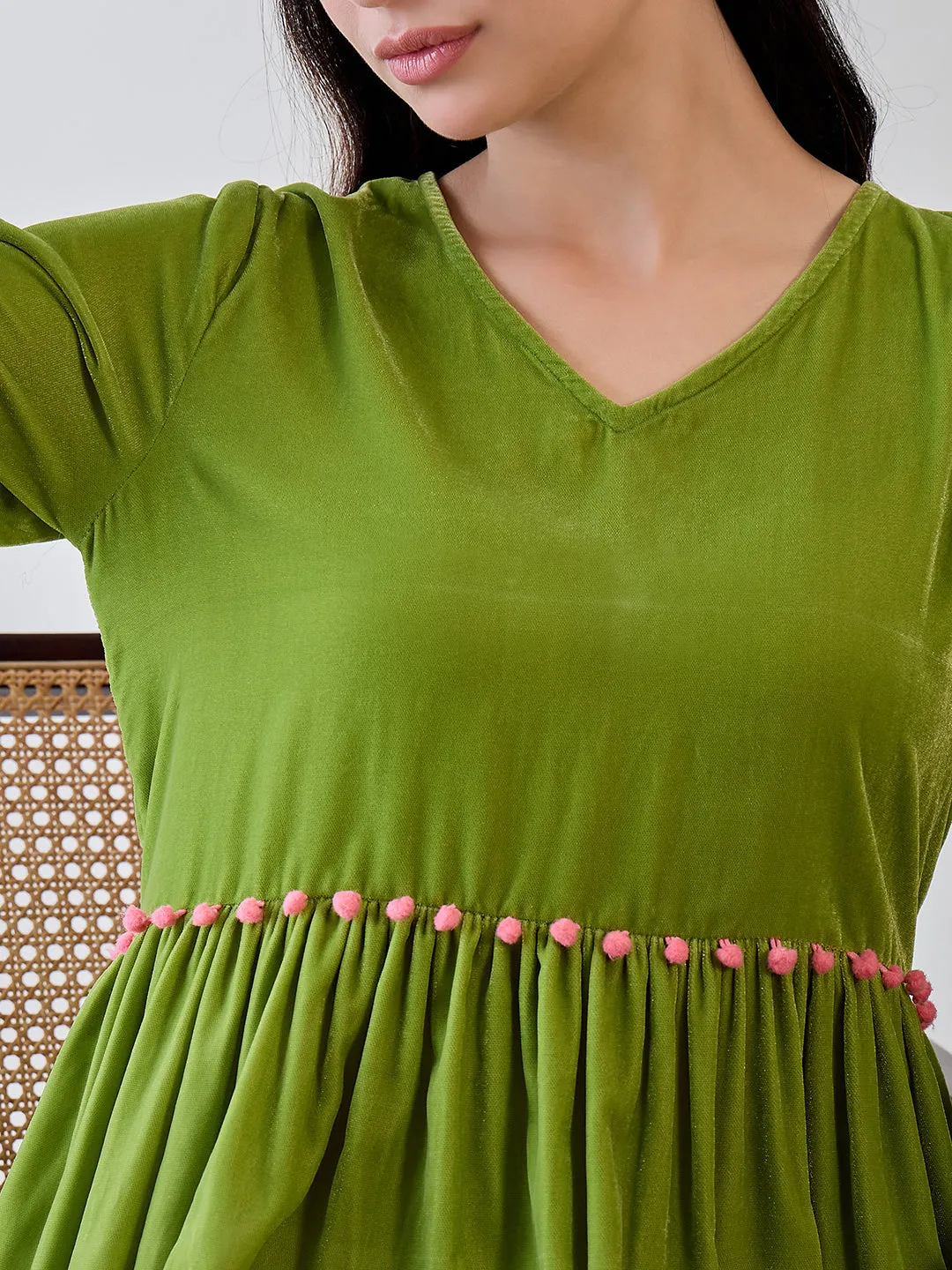 Green Solid Layered Velvet Pom Pom Highlighted Dress