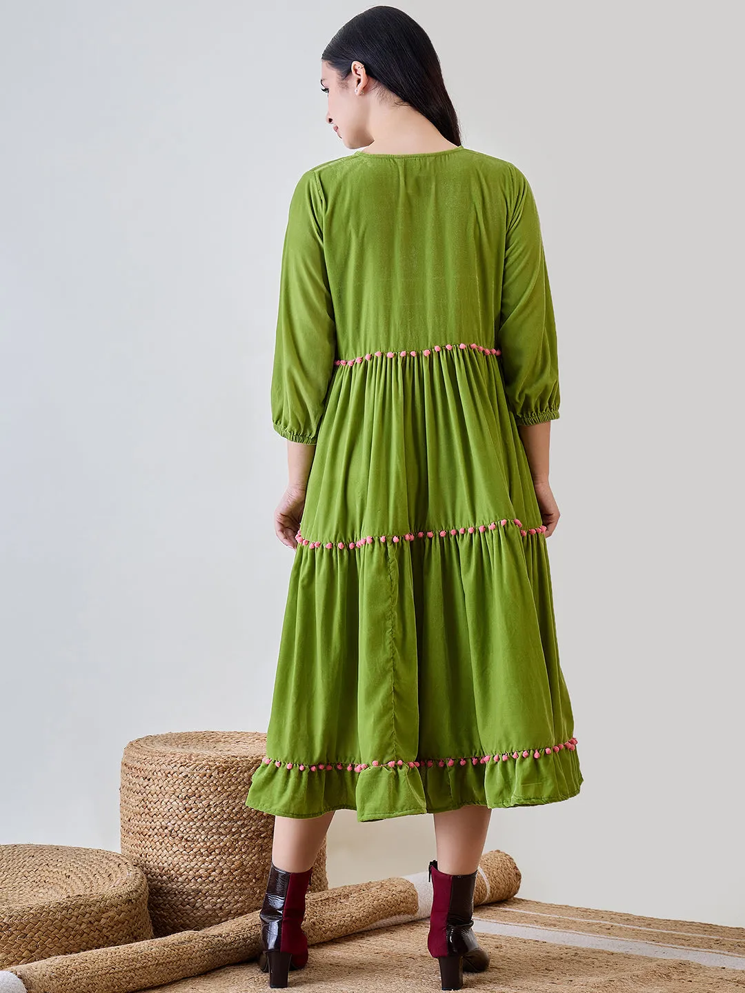 Green Solid Layered Velvet Pom Pom Highlighted Dress