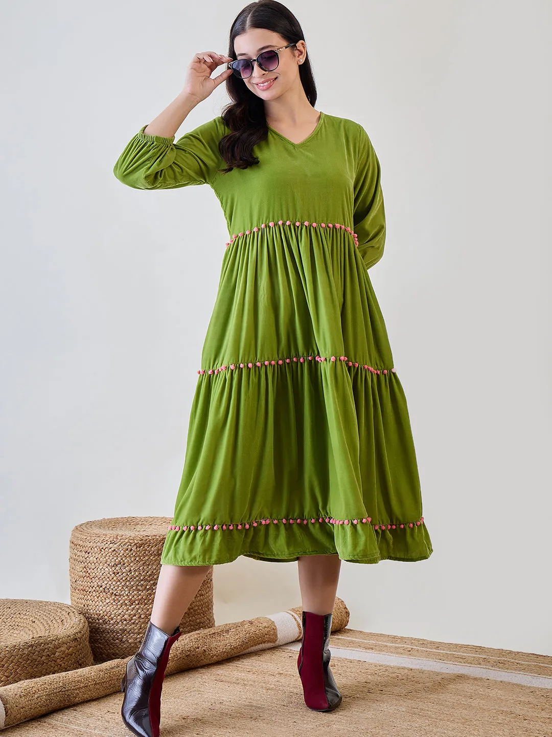 Green Solid Layered Velvet Pom Pom Highlighted Dress