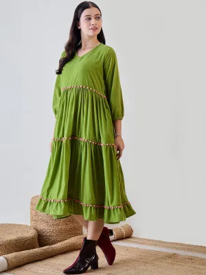 Green Solid Layered Velvet Pom Pom Highlighted Dress