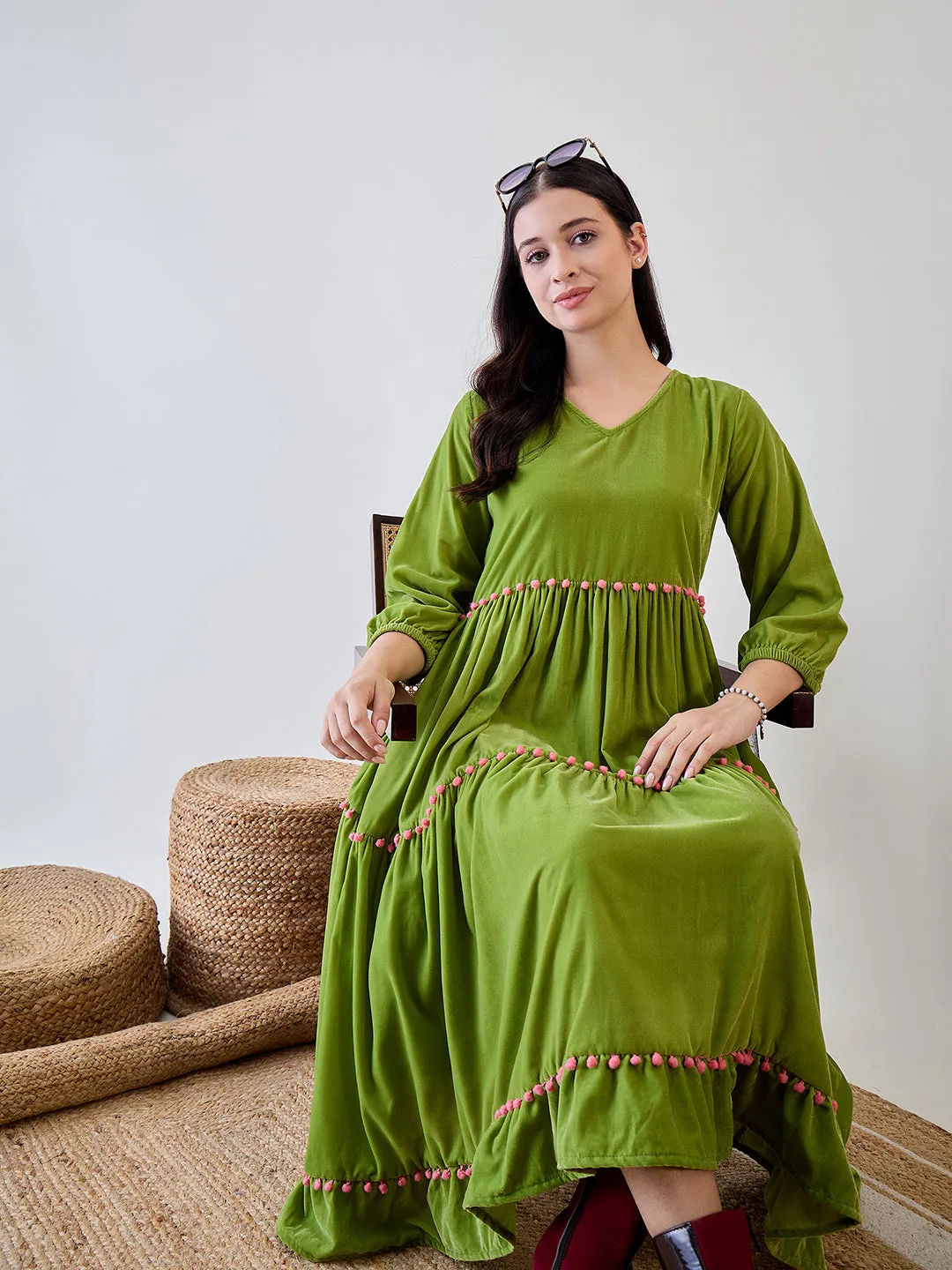 Green Solid Layered Velvet Pom Pom Highlighted Dress